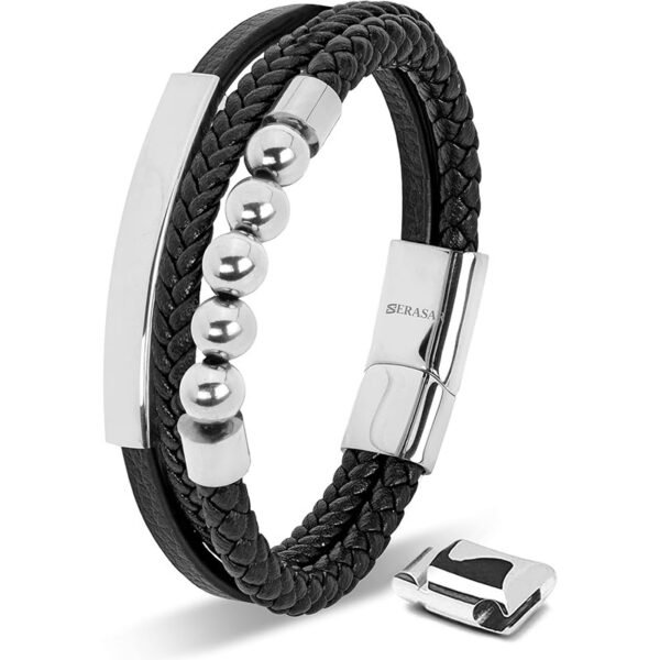 SERASAR Premium Leather Men Bracelet - Magnetic Stainless Steel Clasp Black, Silver & Gold - Jewelry Box - Great Gift Idea - Image 2