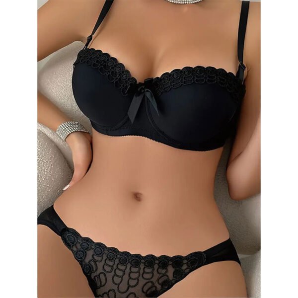 Contrast Lace Bra & Panties, Bow Tie Push Up Bra & Elastic Panties Lingerie Set, Women's Lingerie & Underwear - Image 3