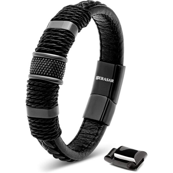 SERASAR Premium Leather Men Bracelet - Magnetic Stainless Steel Clasp Black, Silver & Gold - Jewelry Box - Great Gift Idea - Image 4