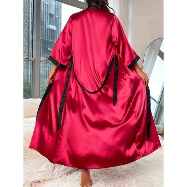 Plus Size Sexy Nightgown, Women's Plus Satin Colorblock Three Quarter Sleeve V Neck Open Front Sleepwear Robe With Belt - Image 4