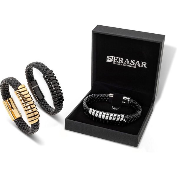 SERASAR Premium Leather Men Bracelet - Magnetic Stainless Steel Clasp Black, Silver & Gold - Jewelry Box - Great Gift Idea - Image 5