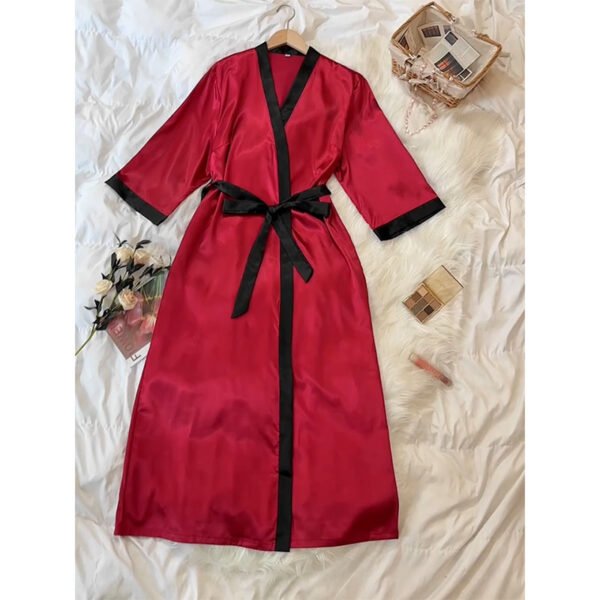 Plus Size Sexy Nightgown, Women's Plus Satin Colorblock Three Quarter Sleeve V Neck Open Front Sleepwear Robe With Belt - Image 2
