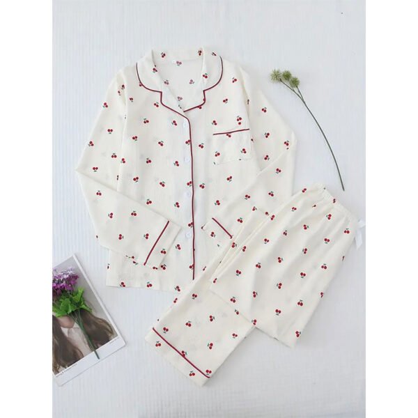 Cherry Print Pajama Set, Long Sleeve Buttons Top & Elastic Waistband Pants, Women's Sleepwear & Loungewear