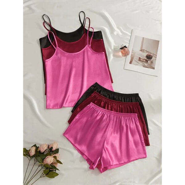 3 Sets Solid Satin Pajama Set, Crew Neck Cami Top & Elastic Waistband Shorts, Women's Sleepwear & Loungewear