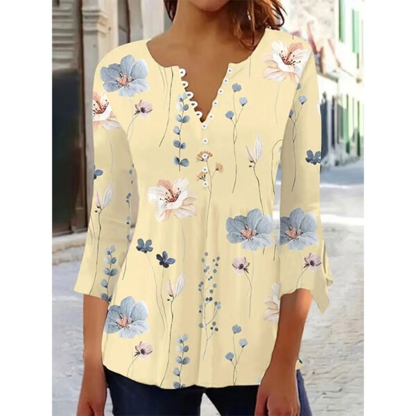 Floral Print Button Front T-shirt, Casual Flared Sleeve Top For Spring & Fall, Women's Clothing