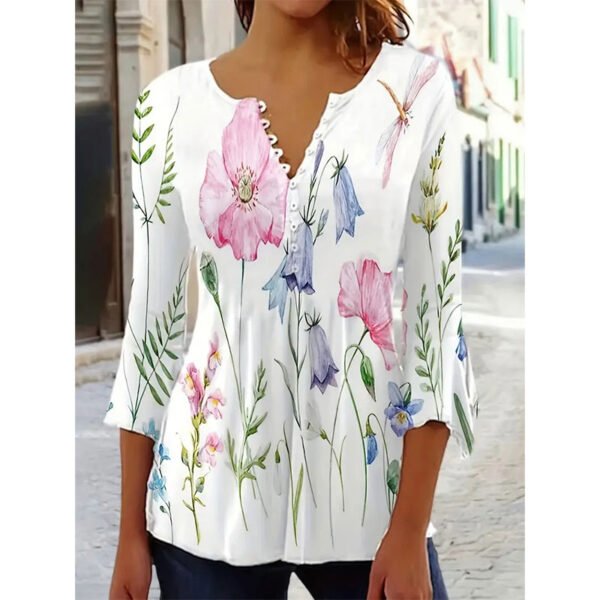 Floral Print Button Front T-shirt, Casual Flared Sleeve Top For Spring & Fall, Women's Clothing - Image 5