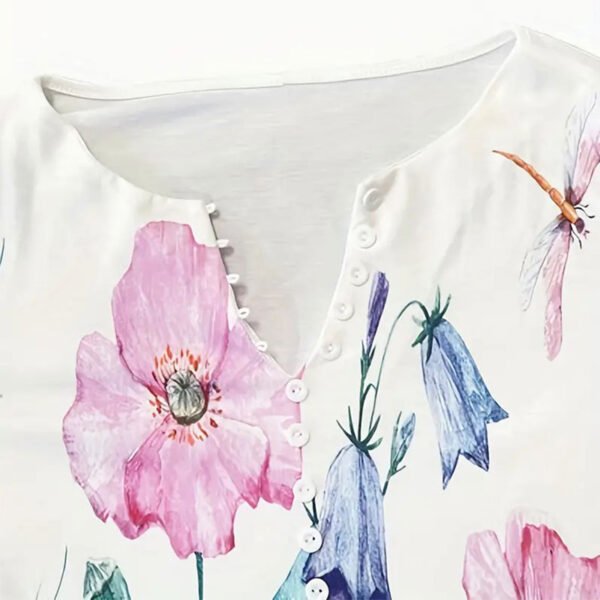 Floral Print Button Front T-shirt, Casual Flared Sleeve Top For Spring & Fall, Women's Clothing - Image 7