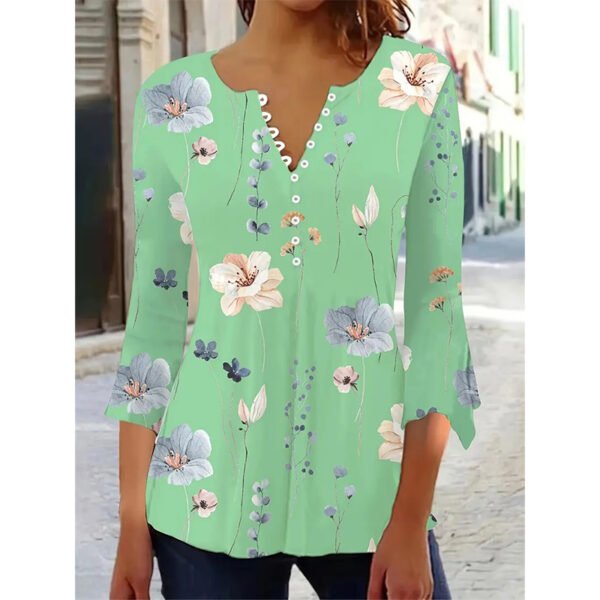 Floral Print Button Front T-shirt, Casual Flared Sleeve Top For Spring & Fall, Women's Clothing - Image 8