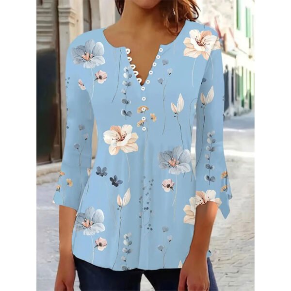 Floral Print Button Front T-shirt, Casual Flared Sleeve Top For Spring & Fall, Women's Clothing - Image 9