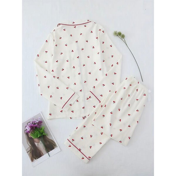 Cherry Print Pajama Set, Long Sleeve Buttons Top & Elastic Waistband Pants, Women's Sleepwear & Loungewear - Image 5