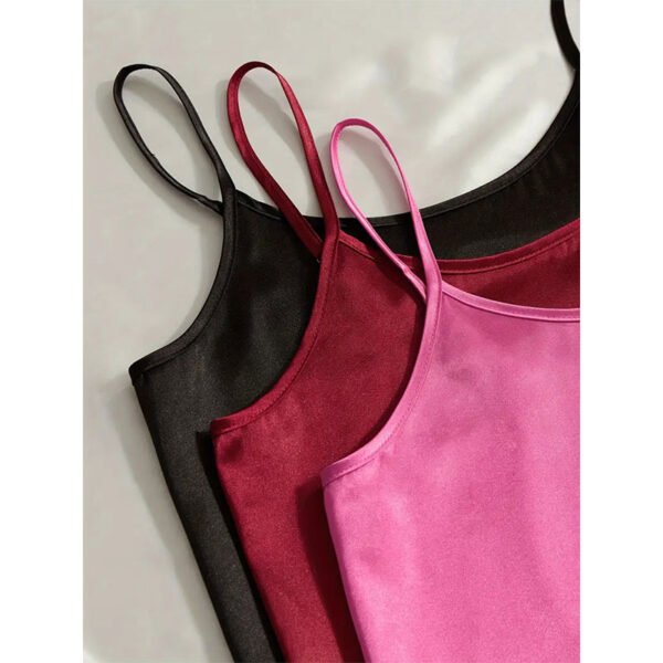 3 Sets Solid Satin Pajama Set, Crew Neck Cami Top & Elastic Waistband Shorts, Women's Sleepwear & Loungewear - Image 5