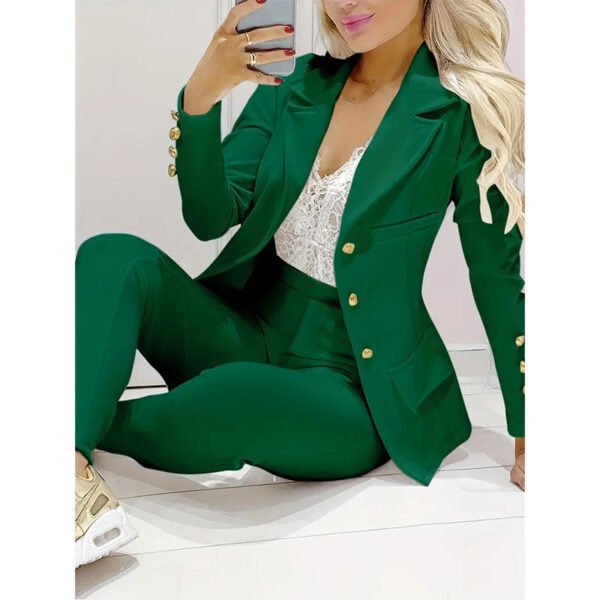 Business Casual Two-piece Set, Double-breasted Lapel Blazer & Slim Pants Outfits, Women's Clothing - Image 3