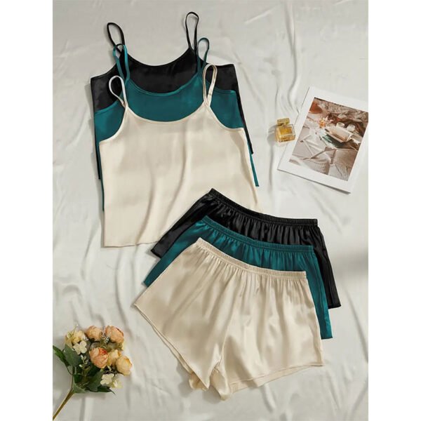 3 Sets Solid Satin Pajama Set, Crew Neck Cami Top & Elastic Waistband Shorts, Women's Sleepwear & Loungewear - Image 4