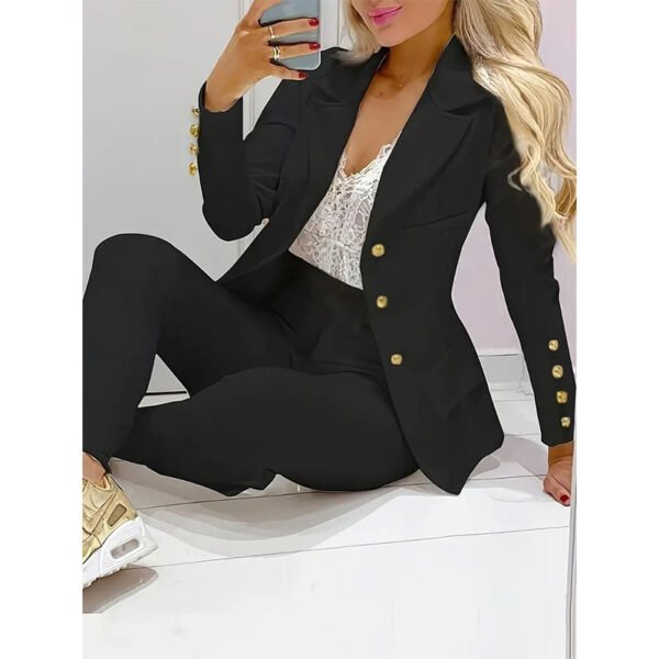 Business Casual Two-piece Set, Double-breasted Lapel Blazer & Slim Pants Outfits, Women's Clothing - Image 4