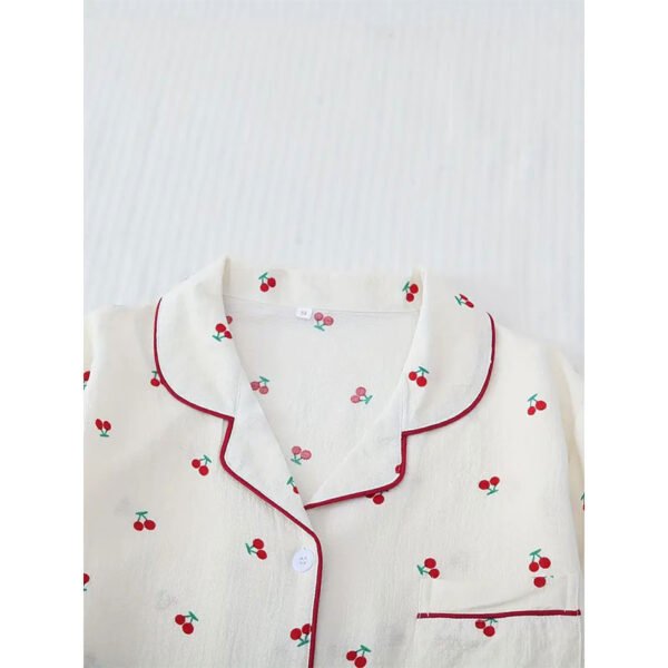 Cherry Print Pajama Set, Long Sleeve Buttons Top & Elastic Waistband Pants, Women's Sleepwear & Loungewear - Image 2