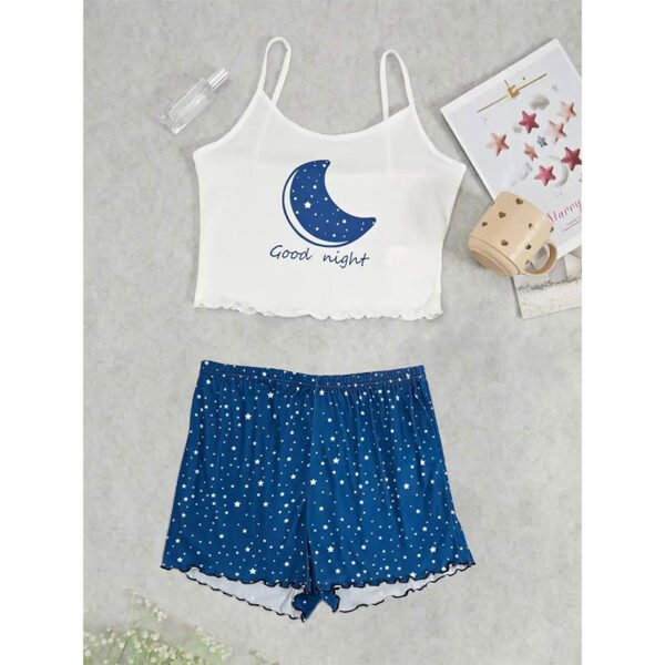 Moon & Starry Print Pajama Set, Crew Neck Cami Top & Elastic Waistband Shorts, Women's Sleepwear & Loungewear - Image 5