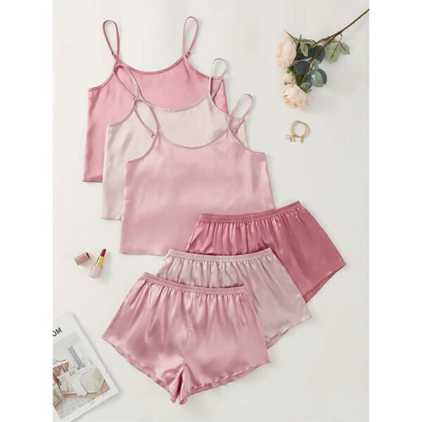 3 Sets Solid Satin Pajama Set, Crew Neck Cami Top & Elastic Waistband Shorts, Women's Sleepwear & Loungewear - Image 3