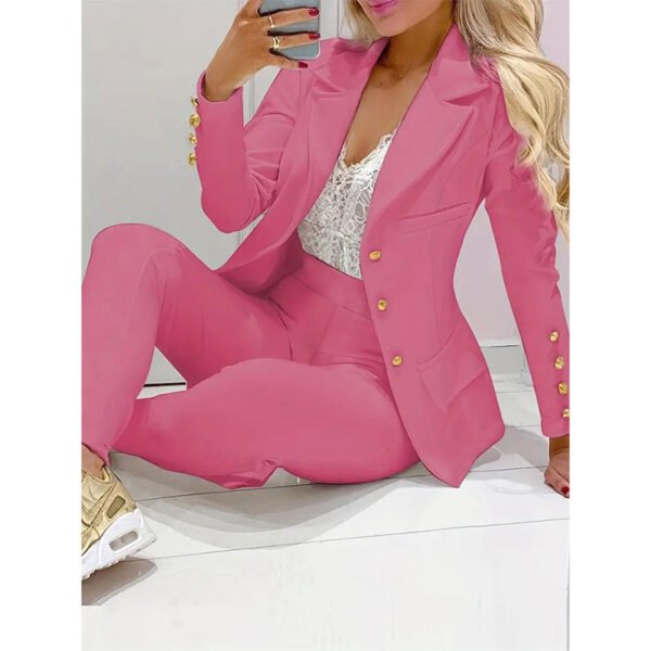 Business Casual Two-piece Set, Double-breasted Lapel Blazer & Slim Pants Outfits, Women's Clothing - Image 5