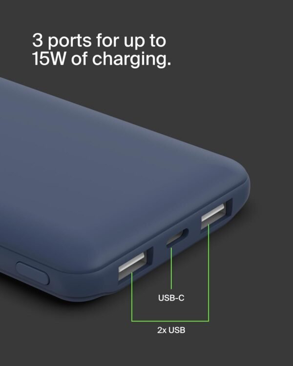 Belkin 10000mAh portable power bank, 10K USB-C portable charger with 1 USB-C port and 2 USB-A ports, battery pack for up to 15W charging for iPhone, Samsung Galaxy, AirPods, iPad, and more – Blue - Image 9