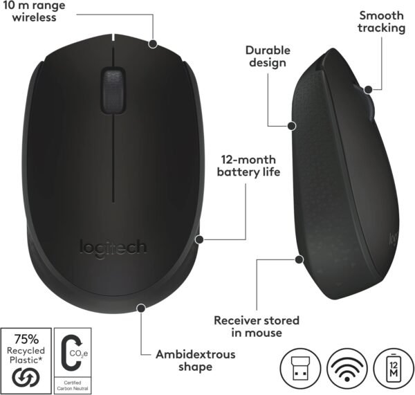 Logitech M171 Wireless Mouse for PC, Mac, Laptop, 2.4 GHz, Optical Tracking, 12-Months Battery Life, Ambidextrous-Black - Image 2