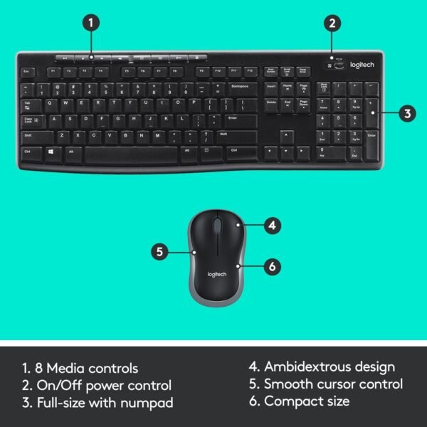 Logitech Mk270 Wireless Keyboard And Mouse Combo For Windows, 2.4 Ghz Wireless, Compact Wireless Mouse, 8 Multimedia And Shortcut Keys, 2-Year Battery Life, Pc/Laptop, English/Arabic - Image 8