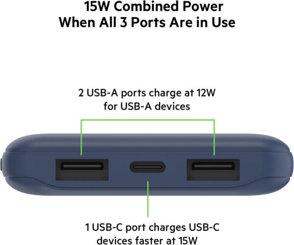 Belkin 10000mAh portable power bank, 10K USB-C portable charger with 1 USB-C port and 2 USB-A ports, battery pack for up to 15W charging for iPhone, Samsung Galaxy, AirPods, iPad, and more – Blue - Image 5
