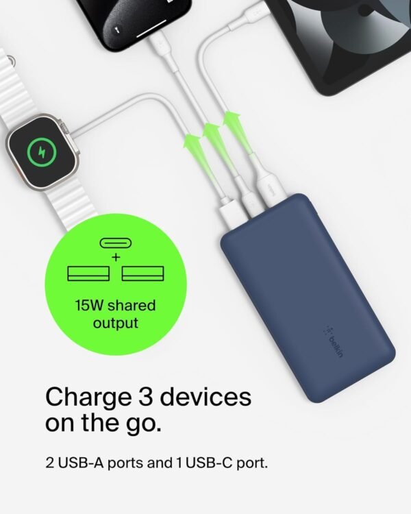 Belkin 10000mAh portable power bank, 10K USB-C portable charger with 1 USB-C port and 2 USB-A ports, battery pack for up to 15W charging for iPhone, Samsung Galaxy, AirPods, iPad, and more – Blue - Image 3
