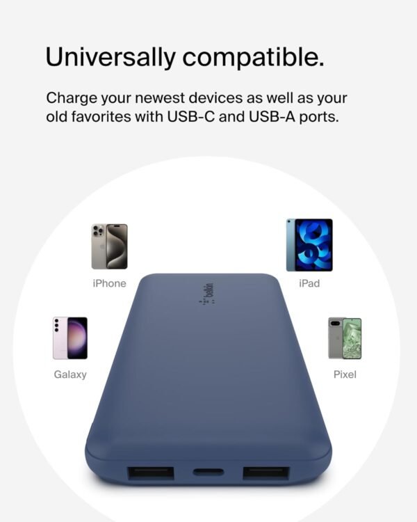 Belkin 10000mAh portable power bank, 10K USB-C portable charger with 1 USB-C port and 2 USB-A ports, battery pack for up to 15W charging for iPhone, Samsung Galaxy, AirPods, iPad, and more – Blue - Image 7