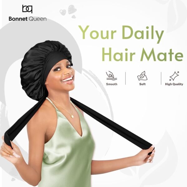 BONNET QUEEN Silk Bonnet for Sleeping Women Satin Bonnet Silk Hair Cap Adjustable Silk Hair Bonnet Night Sleep Cap with Tie Band (Black,Medium) - Image 7