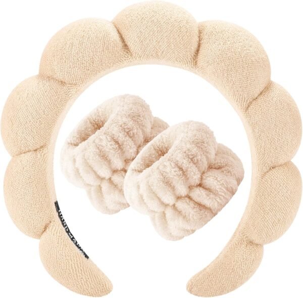Zkptops Spa Headband for Washing Face Wristband Sponge Makeup Skincare Headband Terry Cloth Bubble Soft Get Ready Hairband for Women Girl Puffy Padded Headwear Non Slip Thick Hair Accessory(Pink) - Image 4
