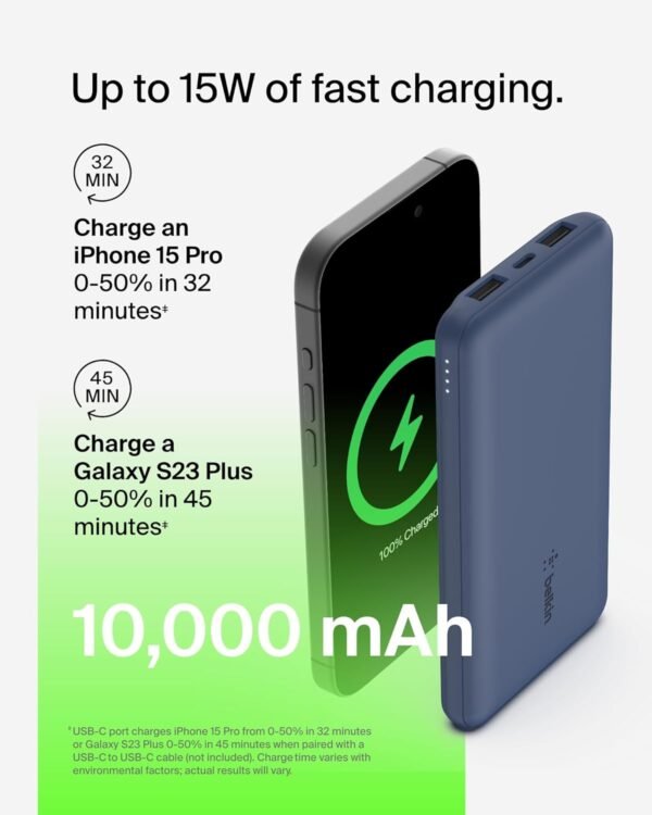 Belkin 10000mAh portable power bank, 10K USB-C portable charger with 1 USB-C port and 2 USB-A ports, battery pack for up to 15W charging for iPhone, Samsung Galaxy, AirPods, iPad, and more – Blue - Image 10