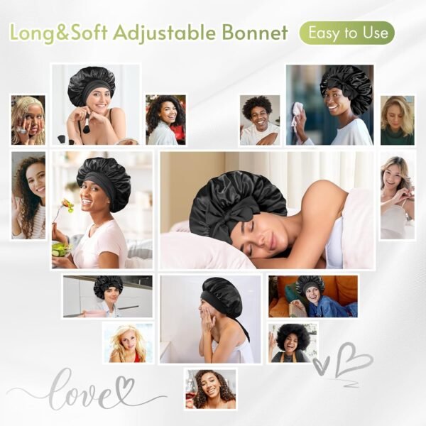 BONNET QUEEN Silk Bonnet for Sleeping Women Satin Bonnet Silk Hair Cap Adjustable Silk Hair Bonnet Night Sleep Cap with Tie Band (Black,Medium) - Image 6