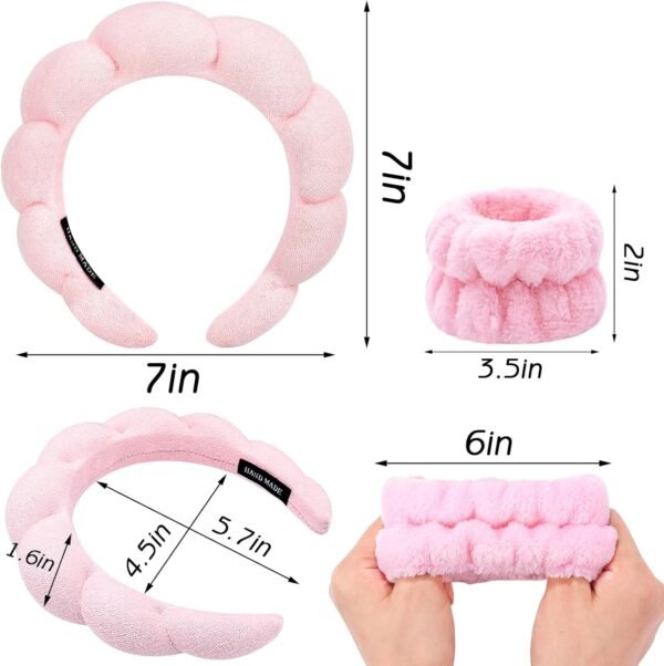 Zkptops Spa Headband for Washing Face Wristband Sponge Makeup Skincare Headband Terry Cloth Bubble Soft Get Ready Hairband for Women Girl Puffy Padded Headwear Non Slip Thick Hair Accessory(Pink) - Image 2