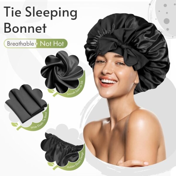 BONNET QUEEN Silk Bonnet for Sleeping Women Satin Bonnet Silk Hair Cap Adjustable Silk Hair Bonnet Night Sleep Cap with Tie Band (Black,Medium) - Image 5