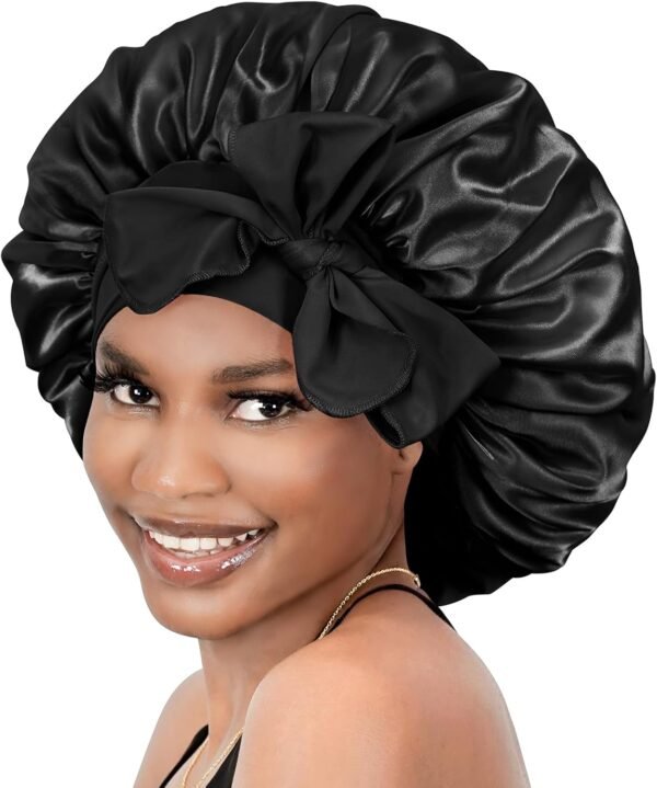 BONNET QUEEN Silk Bonnet for Sleeping Women Satin Bonnet Silk Hair Cap Adjustable Silk Hair Bonnet Night Sleep Cap with Tie Band (Black,Medium)