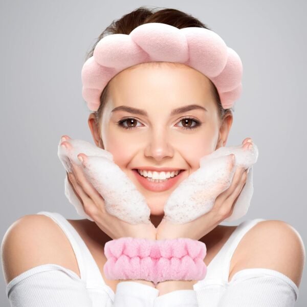 Zkptops Spa Headband for Washing Face Wristband Sponge Makeup Skincare Headband Terry Cloth Bubble Soft Get Ready Hairband for Women Girl Puffy Padded Headwear Non Slip Thick Hair Accessory(Pink) - Image 9