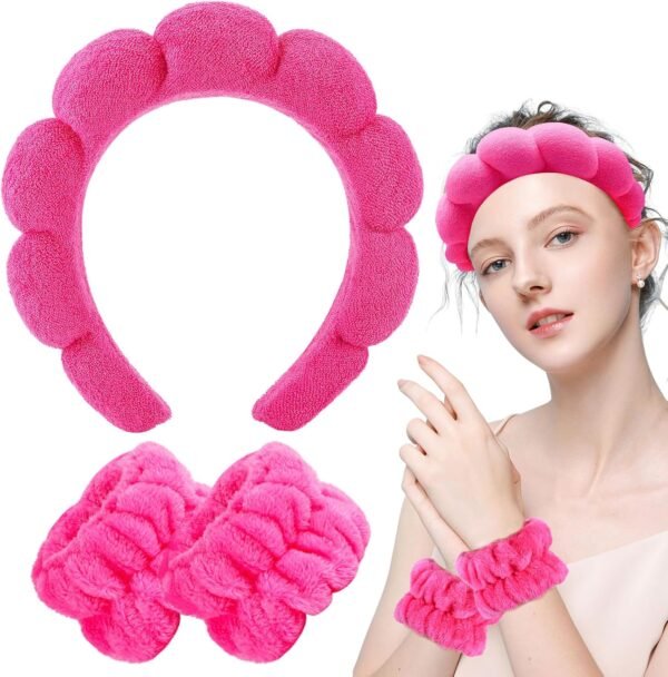 Zkptops Spa Headband for Washing Face Wristband Sponge Makeup Skincare Headband Terry Cloth Bubble Soft Get Ready Hairband for Women Girl Puffy Padded Headwear Non Slip Thick Hair Accessory(Pink)