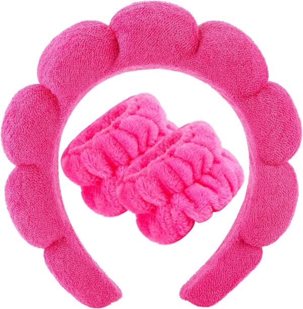 Zkptops Spa Headband for Washing Face Wristband Sponge Makeup Skincare Headband Terry Cloth Bubble Soft Get Ready Hairband for Women Girl Puffy Padded Headwear Non Slip Thick Hair Accessory(Pink) - Image 6