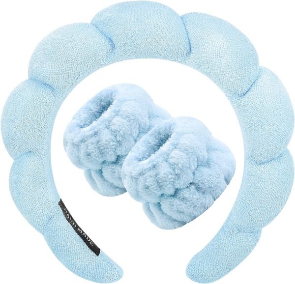 Zkptops Spa Headband for Washing Face Wristband Sponge Makeup Skincare Headband Terry Cloth Bubble Soft Get Ready Hairband for Women Girl Puffy Padded Headwear Non Slip Thick Hair Accessory(Pink) - Image 7