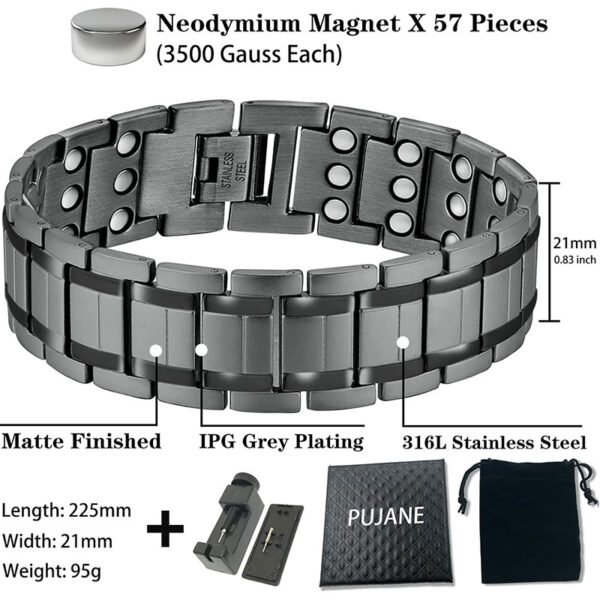 PUJANE Mens Magnetic Bracelets 316L Stainless Steel 3 Rows Magnets Energy Bracelet Ultra Strength 3500 Gauss 3X Magnetic Jewelry Gift with Adjustment Tool (Silver&Gold) - Image 4