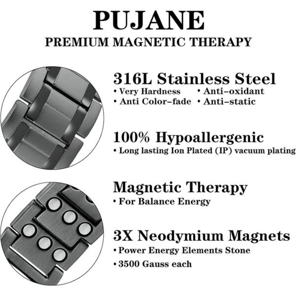 PUJANE Mens Magnetic Bracelets 316L Stainless Steel 3 Rows Magnets Energy Bracelet Ultra Strength 3500 Gauss 3X Magnetic Jewelry Gift with Adjustment Tool (Silver&Gold) - Image 5