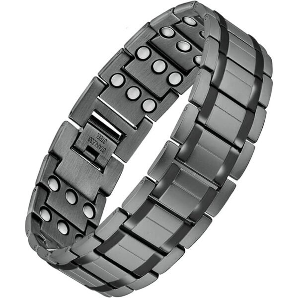 PUJANE Mens Magnetic Bracelets 316L Stainless Steel 3 Rows Magnets Energy Bracelet Ultra Strength 3500 Gauss 3X Magnetic Jewelry Gift with Adjustment Tool (Silver&Gold) - Image 2