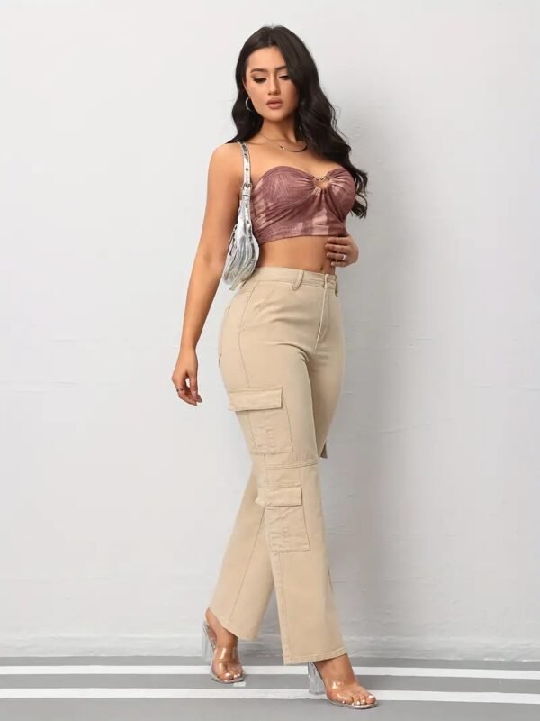 Women's Casual Denim Cargo Pants with Pockets, Beige Full-Length Straight-Leg Jeans for Everyday Wear - Image 2