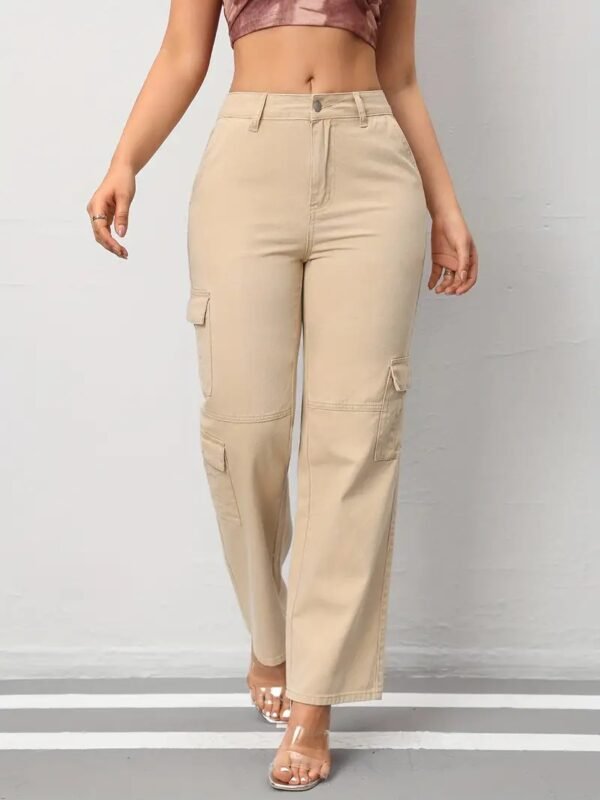 Women's Casual Denim Cargo Pants with Pockets, Beige Full-Length Straight-Leg Jeans for Everyday Wear