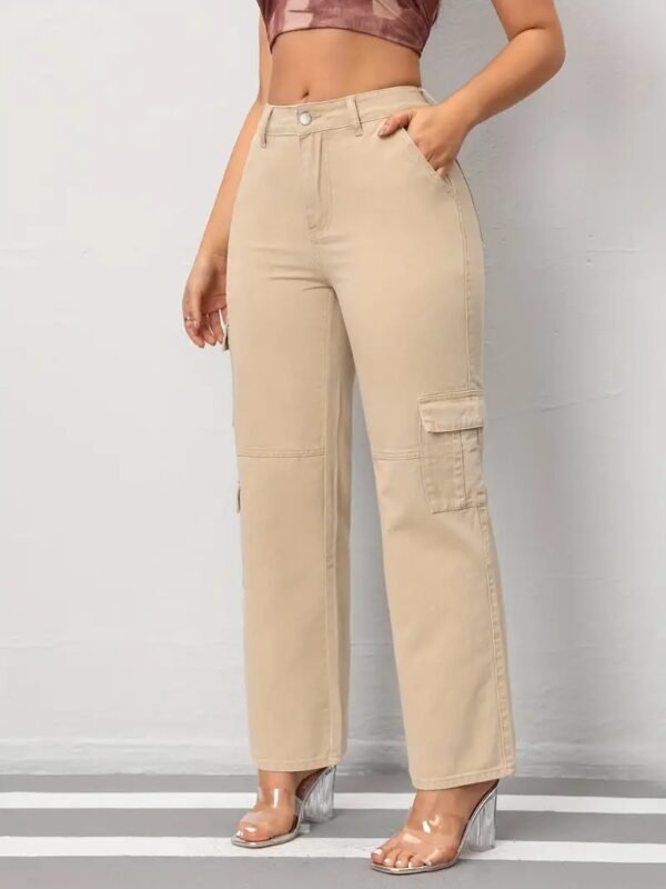 Women's Casual Denim Cargo Pants with Pockets, Beige Full-Length Straight-Leg Jeans for Everyday Wear - Image 3
