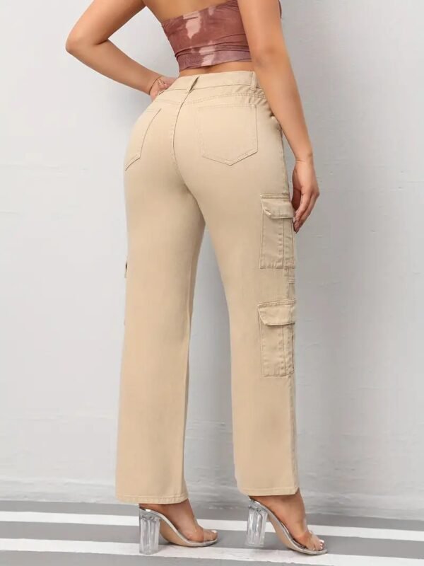 Women's Casual Denim Cargo Pants with Pockets, Beige Full-Length Straight-Leg Jeans for Everyday Wear - Image 4