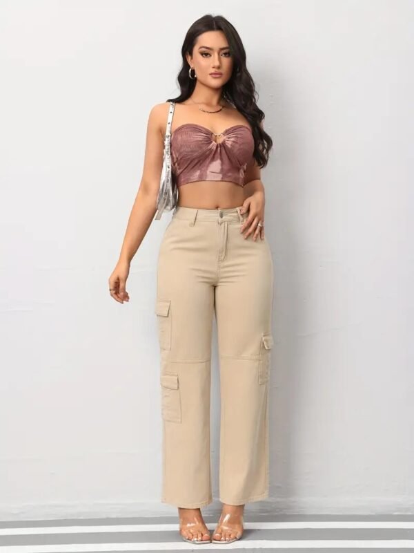 Women's Casual Denim Cargo Pants with Pockets, Beige Full-Length Straight-Leg Jeans for Everyday Wear - Image 6