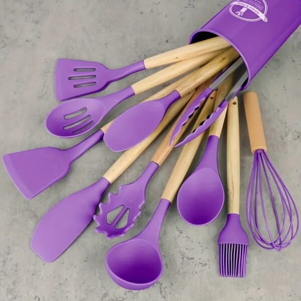 12pcs/set, Silicone Utensil Set, Kitchen Utensil Set, Safety Cooking Utensils Set, Non-Stick Cooking Utensils Set With Wooden Handle, Washable Modern Cookware, Kitchen Stuff, Kitchen Gadgets, Kitchen Essentials - Image 3