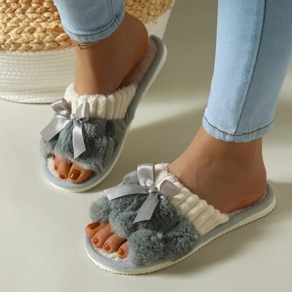 Warm Bowknot Decor Slippers, Casual Open Toe Plush Shoes, Comfortable Indoor Home Slippers - Image 3