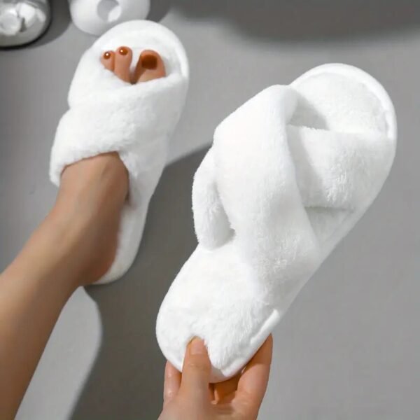 Solid Color Cross Strap Slippers, Casual Slip On Plush Shoes, Comfortable Indoor Home Slippers